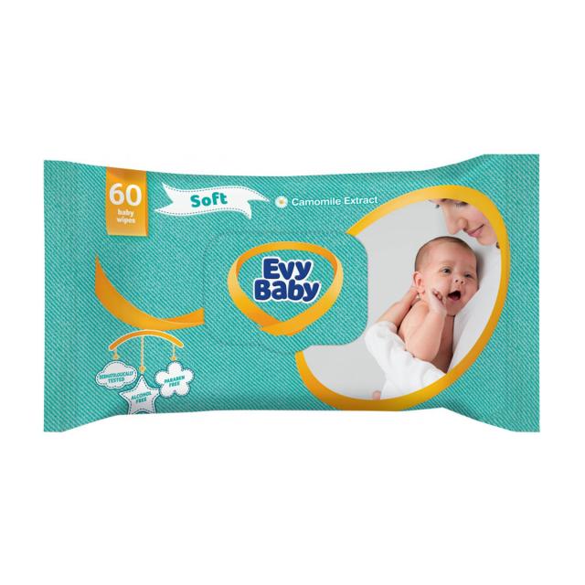 foto дитячі вологі серветки evy baby для ніжної шкіри, з екстрактом ромашки, 60 шт