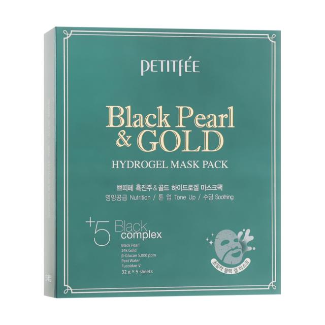 foto гідрогелева маска для обличчя з золотом і чорним перлами petitfee & koelf black pearl & gold hydrogel mask pack, 5 шт