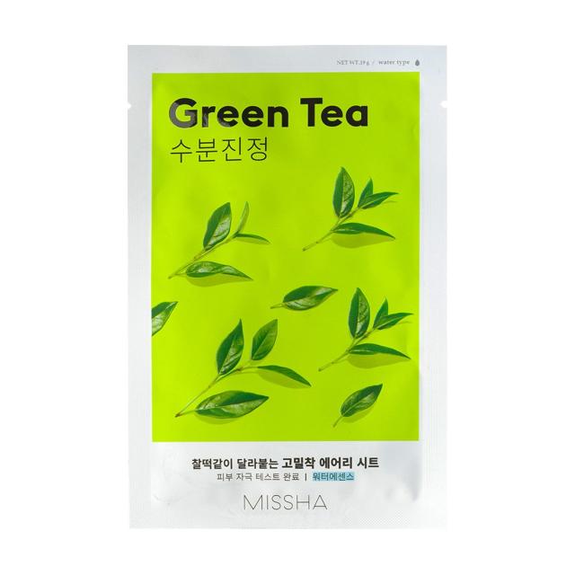 foto тканинна маска для обличчя missha airy fit sheet mask green tea з екстрактом зеленого чаю, 19 г