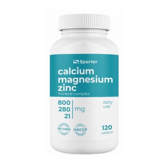 foto харчова добавка мінерали в таблетках sporter calcium magnesium zinc кальцій, магній, цинк, 800/280/21 мг, 120 шт