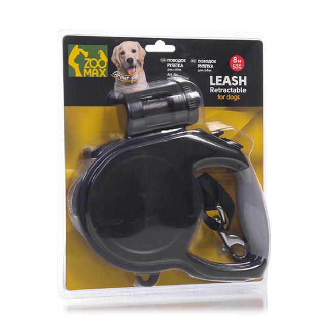 foto поводок рулетка стрічка для собак zoomax з контейнером для сміттєвих пакетів, чорний, 8 м, 50 кг, (ms-3016b-8m-black)