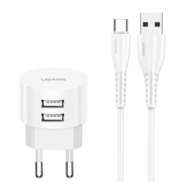 foto мзп usams t20 dual usb round travel charger (eu)+u35 type-c cable (білий) 898270
