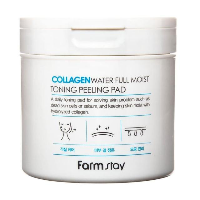 foto тонізувальні пілінг-пади для обличчя farmstay collagen water full moist toning peeling pad з колагеном, 70 шт