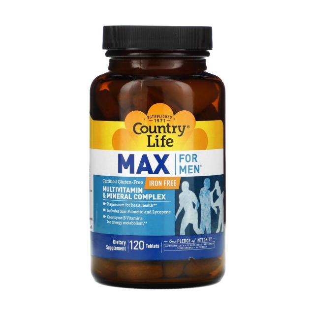 foto харчова добавка вітамінно-мінеральний комплекс в таблетках country life max for men для чоловіків без заліза, 120 шт