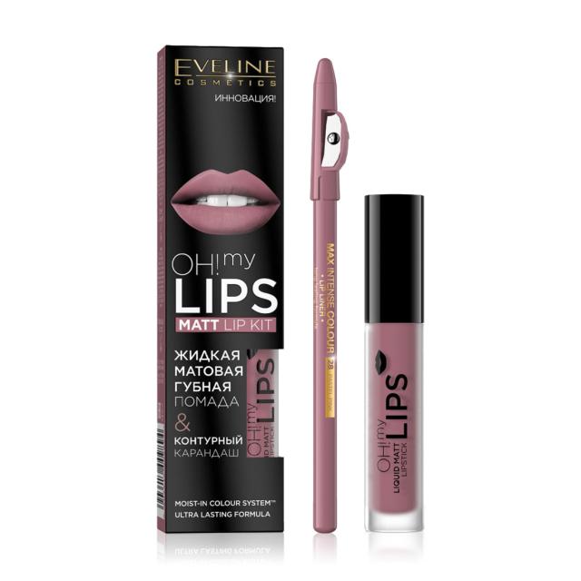 foto набір eveline cosmetics oh! my lips (матова рідка помада для губ 09, 4.5 мл + контурний олівець для губ, 1.2 г)
