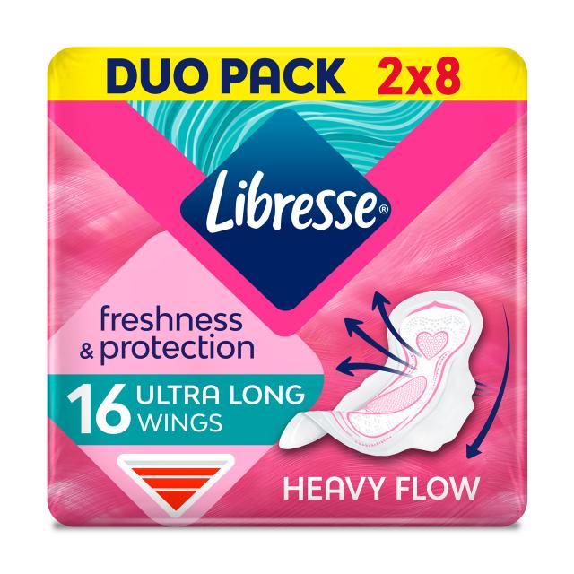 foto гігієнічні прокладки подовжені libresse freshness & protection ultra long  duo pack з крильцями, 2*8 шт