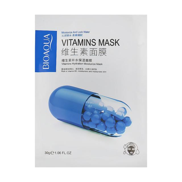 foto тканинна маска для обличчя bioaqua vitamins hydration moisturize mask вітамінна, зволожувальна, 30 г