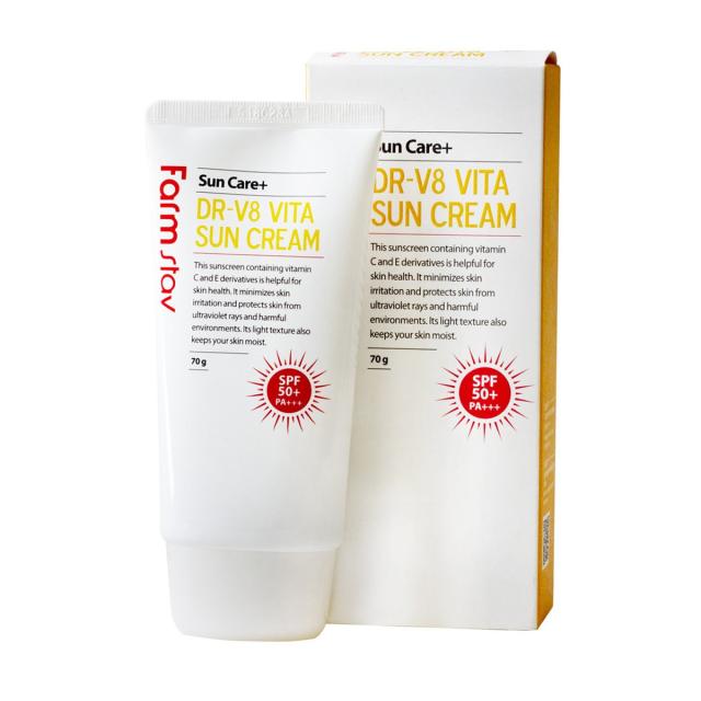 foto сонцезахисний крем farm stay sun care+ dr-v8 vita sun cream spf 50+ pa+++ вітамінізований, 70 г
