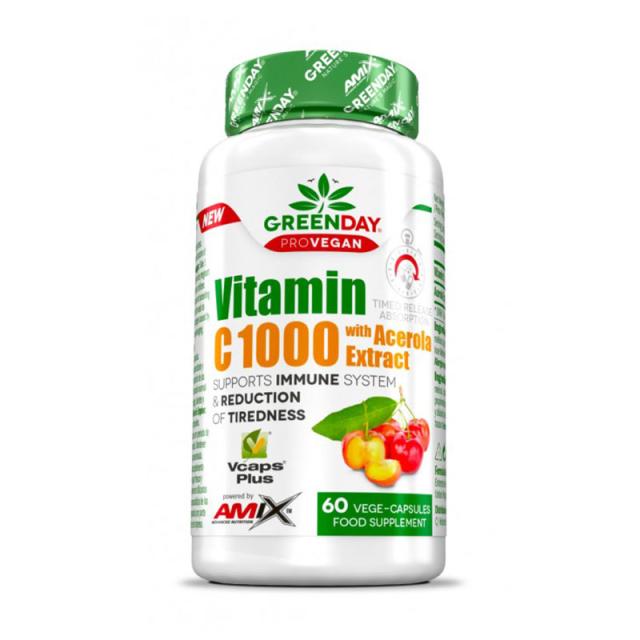 foto харчова добавка в капсулах amix nutrition greenday provegan vitamin c with acerola extract вітамін c, з екстрактом ацероли, 1000 мг, 60 шт