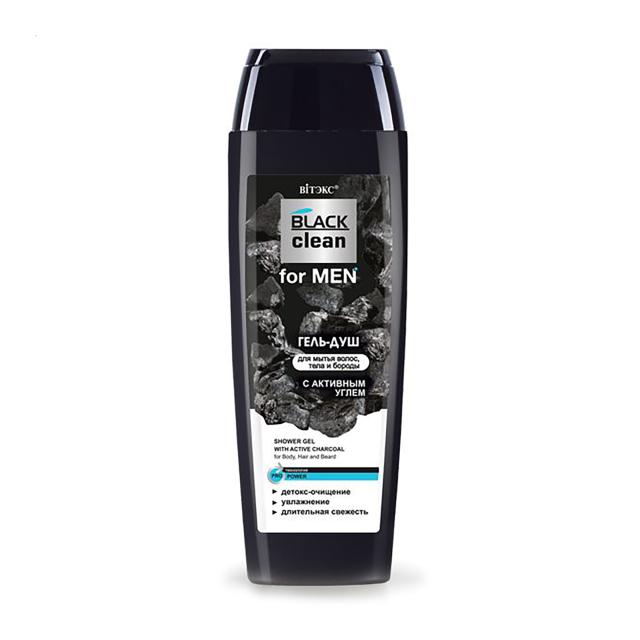 foto чоловічий гель-душ для волосся, тіла та бороди вітэкс black clean з активованим вугіллям, 400 мл