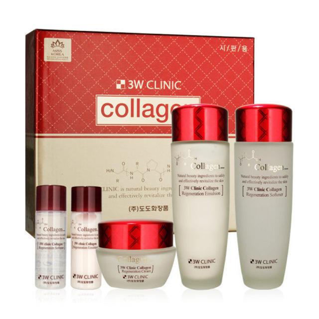 foto набір 3w clinic collagen skin care 3 items set (тонер для обличчя, 150 мл + емульсія, 150 мл + крем для обличчя, 60 мл + тонік, 30 мл + емульсія, 30 мл)