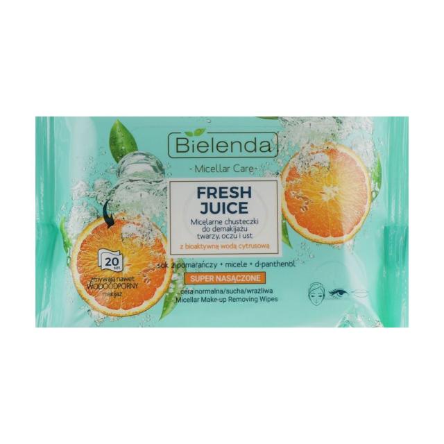 foto вологі серветки для зняття макіяжу bielenda fresh juice micelar make-up removing wipes апельсин, 20 шт