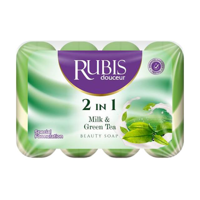 foto тверде мило rubis 2 in 1 milk & green tea beauty soap молоко та зелений чай, 4*90 г (екопак)