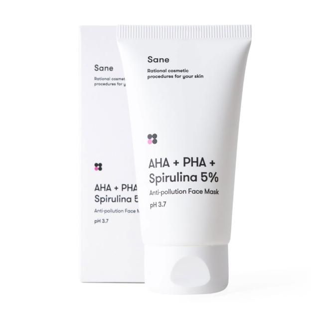foto маска для обличчя sane aha + pha + spirulina 5% anti-pollution face mask, 75 мл