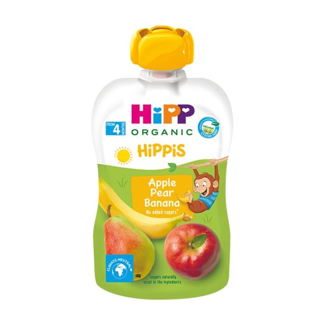 foto дитяче фруктове пюре hipp hippis яблуко-груша-банан, з 4 місяців, 100 г (пауч) (товар критичного імпорту)