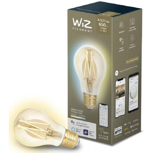foto розумна лампа wiz smart led wifi a60 e27 wiz45 dw fa q filament amber 550lm 2200k 7w (wze21026011-a)