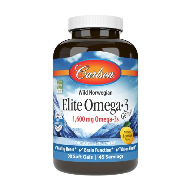 foto харчова добавка в гелевих капсулах carlson labs elite omega-3 омега-3, зі смаком лимону, 1600 мг, 90 шт