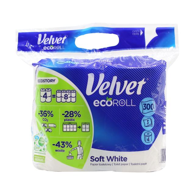 foto туалетний папір velvet eco roll soft white 3-шаровий, 300 відривів, 4 рулони