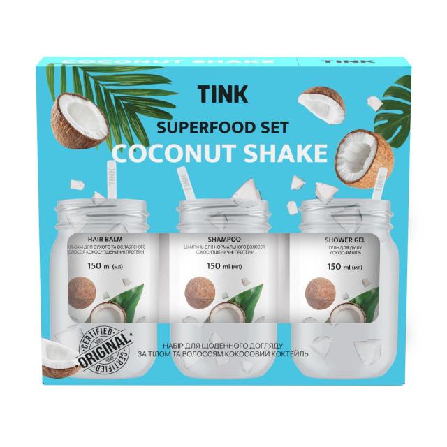 foto подарунковий набір tink superfood set coconut shake (гель для душу, 150 мл + шампунь для волосся, 150 мл + бальзам для волосся, 150 мл)