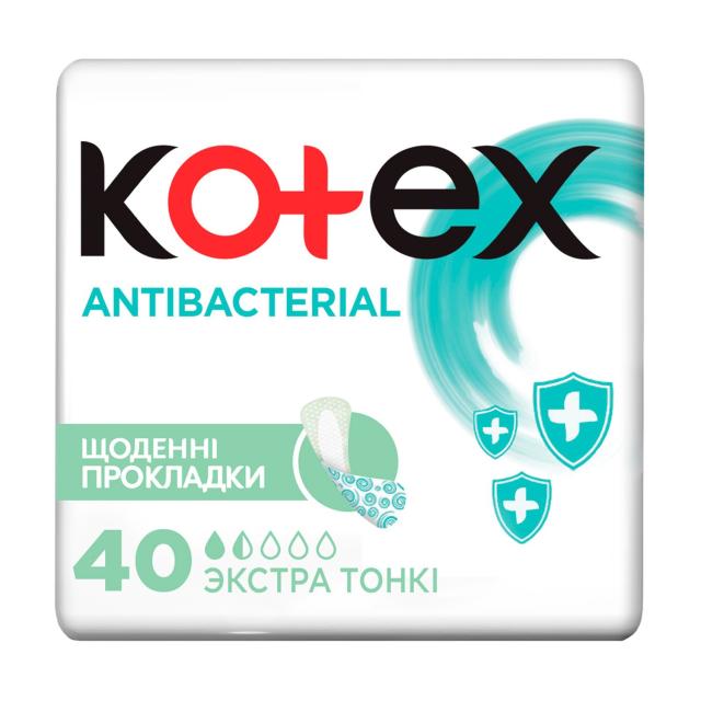 foto щоденні прокладки kotex antibacterial extra thin екстра тонкі, 40 шт