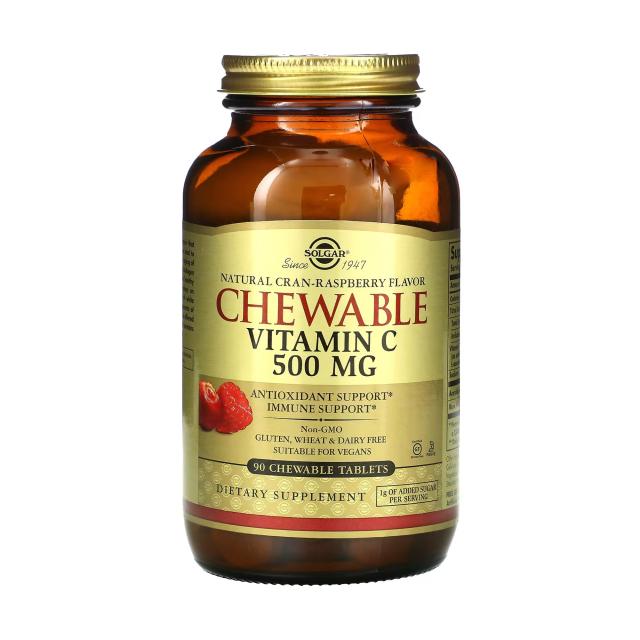 foto харчова добавка в жувальних таблетках  solgar chewable vitamin c вітамін c з малиново-журавлинним смаком, 500 мг, 90 шт