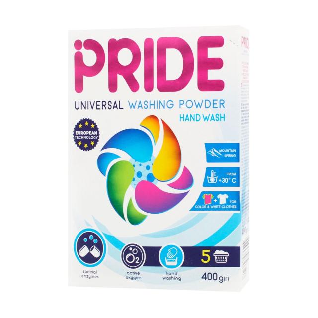 foto пральний порошок pride universal горна свіжість, ручне прання, 5 циклів прання, 400 г
