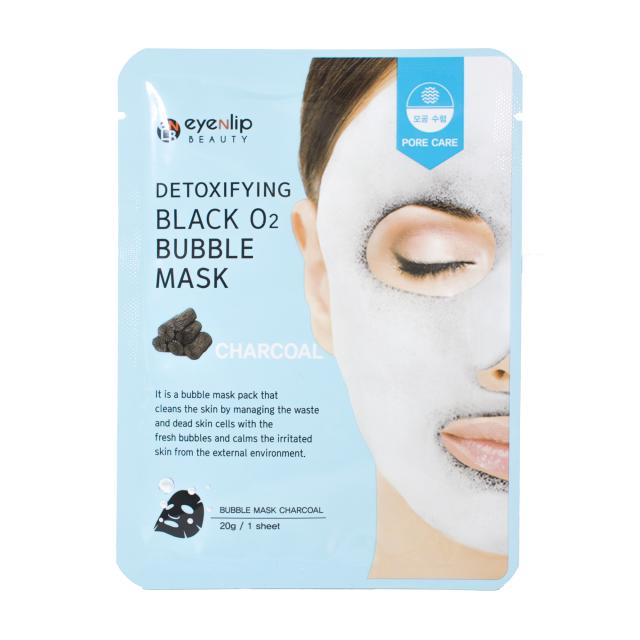 foto киснева тканинна маска для обличчя eyenlip detoxifying black o2 bubble mask charcoal з деревним вугіллям, 20 г