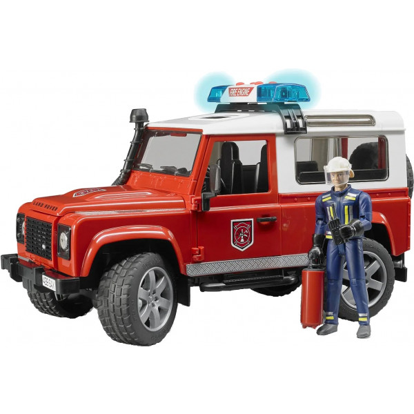 foto наземна спецтехніка bruder пожежний джип land rover defender з фігуркою пожежного, м1: 16 (02596)