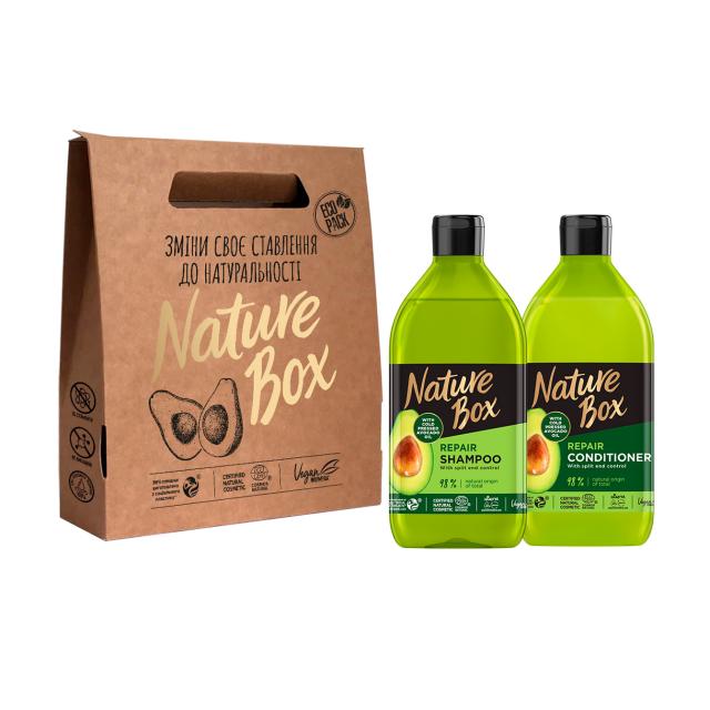 foto подарунковий набір жіночий nature box avocado oil (шампунь для волосся, 385 мл + бальзам для волосся, 385 мл)