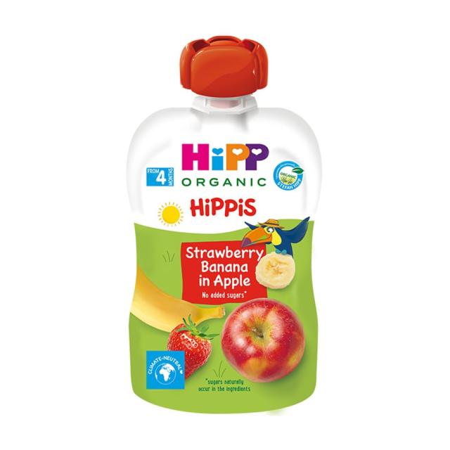 foto дитяче фруктове пюре hipp hippis яблуко-полуниця-банан, з 4 місяців, 100 г (пауч) (товар критичного імпорту)