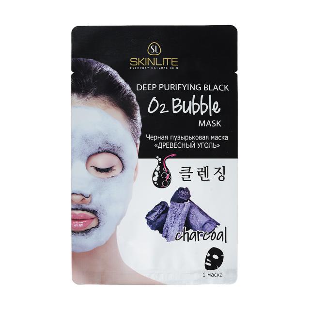 foto чорна бульбашкова маска для обличчя skinlite deep purifying black o2 bubble mask деревне вугілля, 20 г