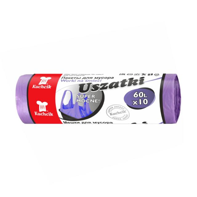 foto пакети для сміття kuchcik фіолетові з ручками, супер міцні, 60 л, 10 шт