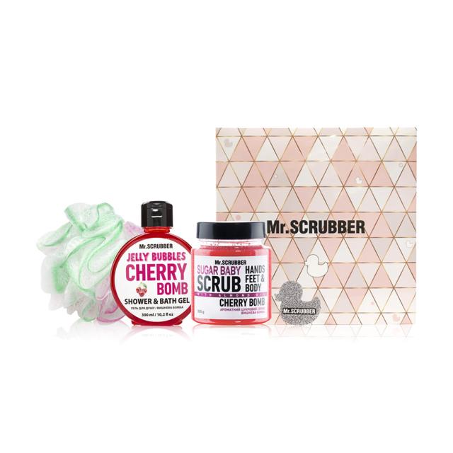 foto набір mr.scrubber cherry bomb (цукровий скраб, 300 г + гель для душу, 300 мл + мочалка)