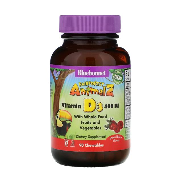 foto харчова добавка дитячі вітаміни в жувальних таблетках bluebonnet nutrition rainforest animalz vitamin d3 400 мо зі смаком ягід, 90 шт