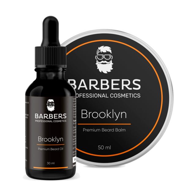 foto набiр для догляду за бородою barbers brooklyn, 80 мл (бальзам для бороди barbers brooklyn premium beard balm, 50 мл + олiя для бороди barbers brooklyn premium beard oil, 30 мл)