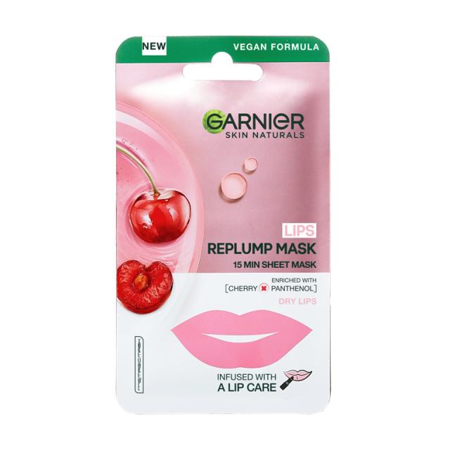 foto тканинна маска для губ garnier skin naturals replump mask зволоження та відновлення, 5 г