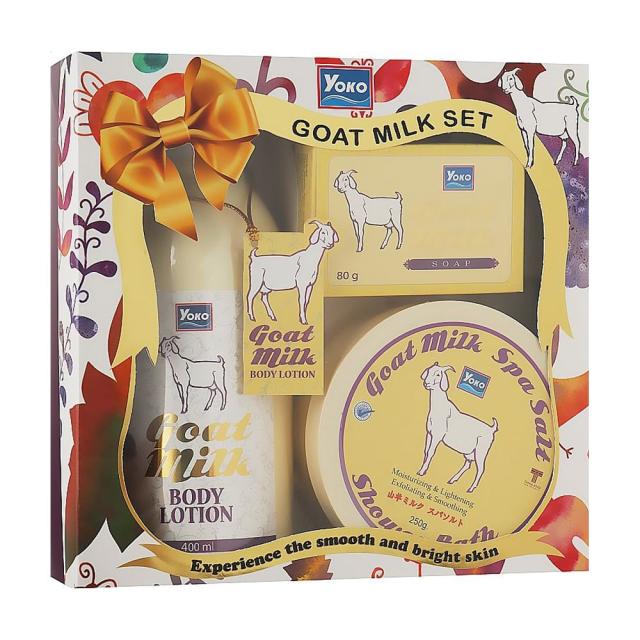foto набір yoko goat milk set (скраб для тіла, 250 г + мило, 80 г + лосьйон для тіла, 400 мл)