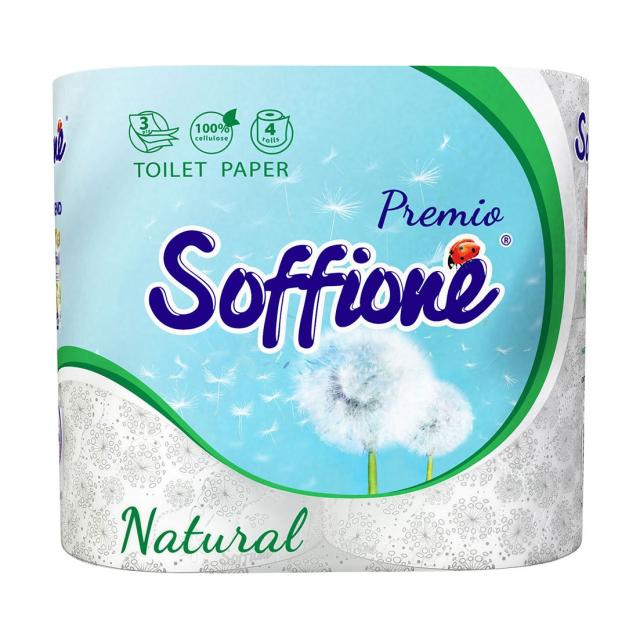 foto туалетний папір soffione premio natural білий, 3-шаровий, 150 відривів, 4 рулони