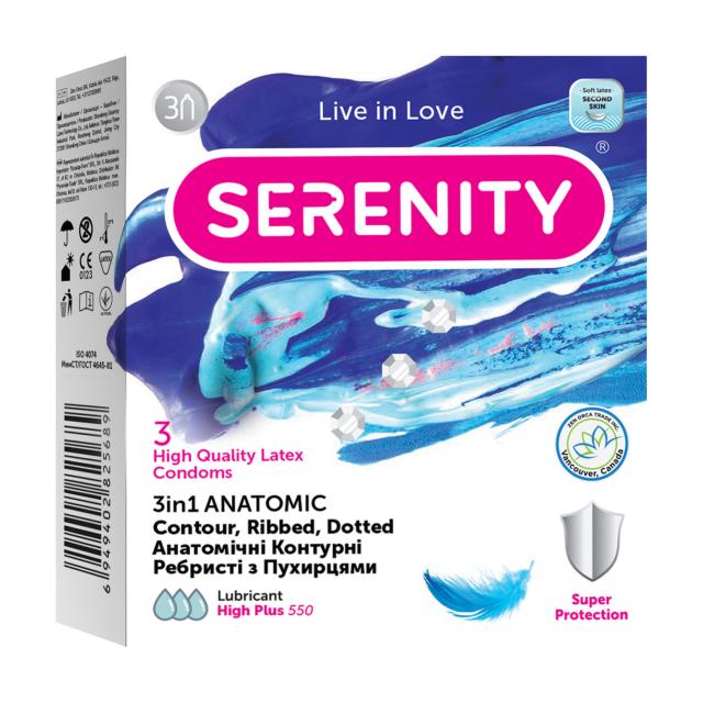 foto презервативи serenity 3 in 1 anatomic анатомічні, контурні, ребристі з пухирцями, 3 шт