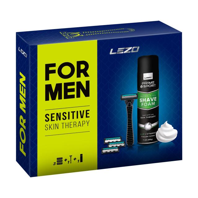 foto подарунковий набір lezo box prime sport for men sensitive skin therapy (бритва з 3 змінними картриджами + піна для гоління, 200 мл)