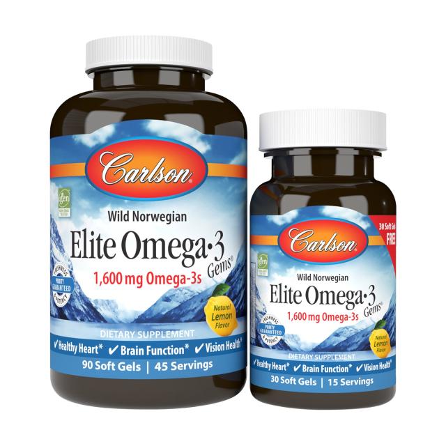 foto харчова добавка в гелевих капсулах carlson labs elite omega-3 омега-3, зі смаком лимону, 1600 мг, 90+30 шт
