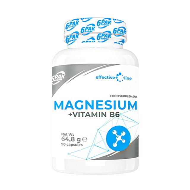 foto харчова добавка в капсулах 6pak nutrition effective line magnesium + vitamin b6 магній + вітамін в6, 90 шт