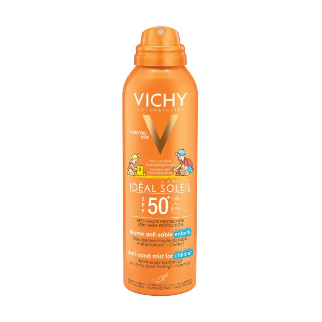 foto дитячий сонцезахисний водостійкий спрей vichy ideal soleil anti-sand mist spf 50+, анти-пісок, для чутливої шкіри, 200 мл
