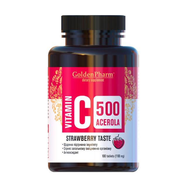 foto харчова добавка в таблетках golden pharm вітамін c acerola 500 мг зі смаком полуниці, 100 шт