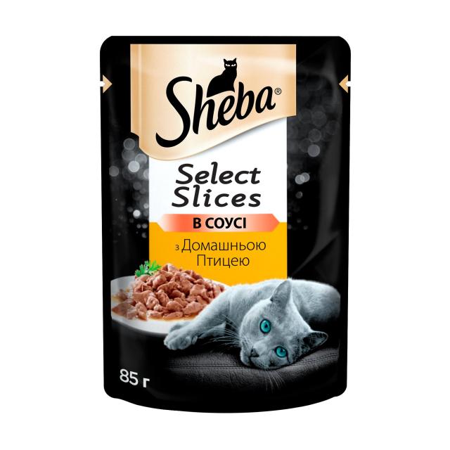 foto вологий корм sheba selection in sauce для кішок з домашньою птицею в соусі, 85 г