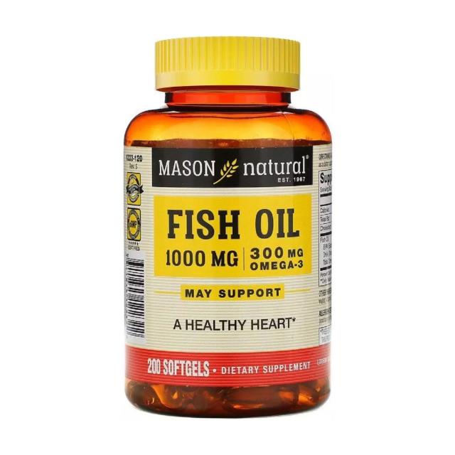 foto харчова добавка в гелевих капсулах mason natural omega-3 fish oil, риб'ячий жир 1000 мг з омега-3 300 мг, 200 шт