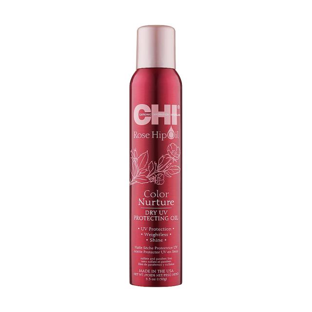 foto сухий захисний спрей для фарбованого волосся chi rose hip oil color nurture dry uv protecting oil, 150 г