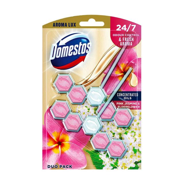 foto блок для очищення унітазу domestos power 5, рожевий жасмин та квіти бузини, 2*55 г