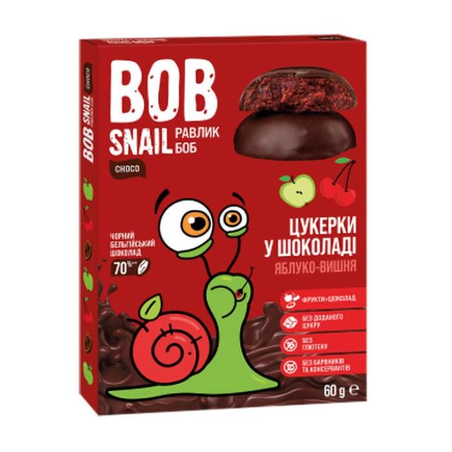 foto натуральні цукерки bob snail яблуко-вишня в чорному шоколаді, 60 г