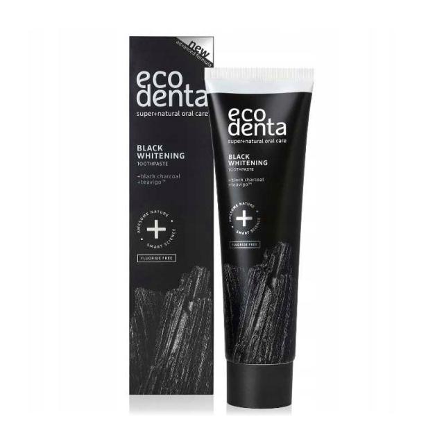 foto чорна відбілювальна зубна паста ecodenta black whitening toothpaste без фтору, 75 мл